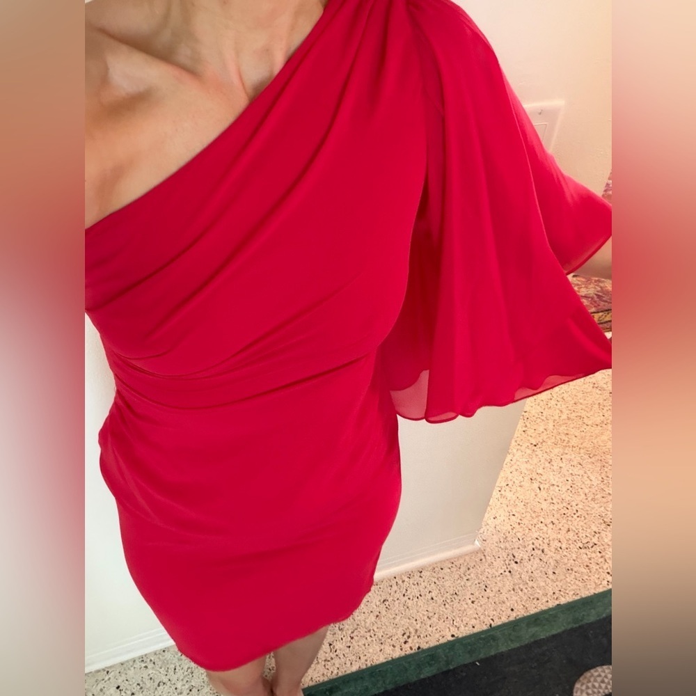Evan Picone raspberry pink chiffon one shoulder mini cocktail dress 6 lined